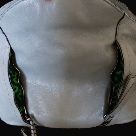 OrYany Leather Cotton Hand Bag Purse Silver Tone Hardware Green Pattern Lining - Picture 14 of 15